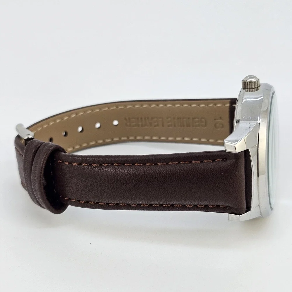 Men's Watch 40MM White Dial Day Date New Brown Leather Bands‎ New Battery